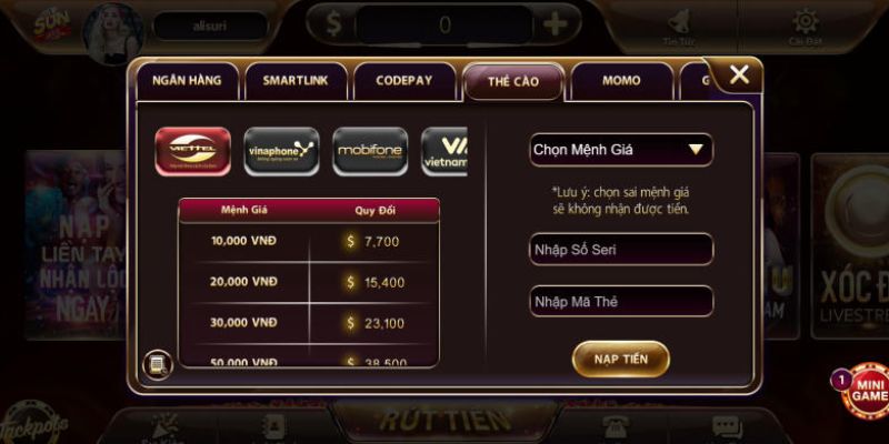 Thắc mắc về nạp tiền Sunwin